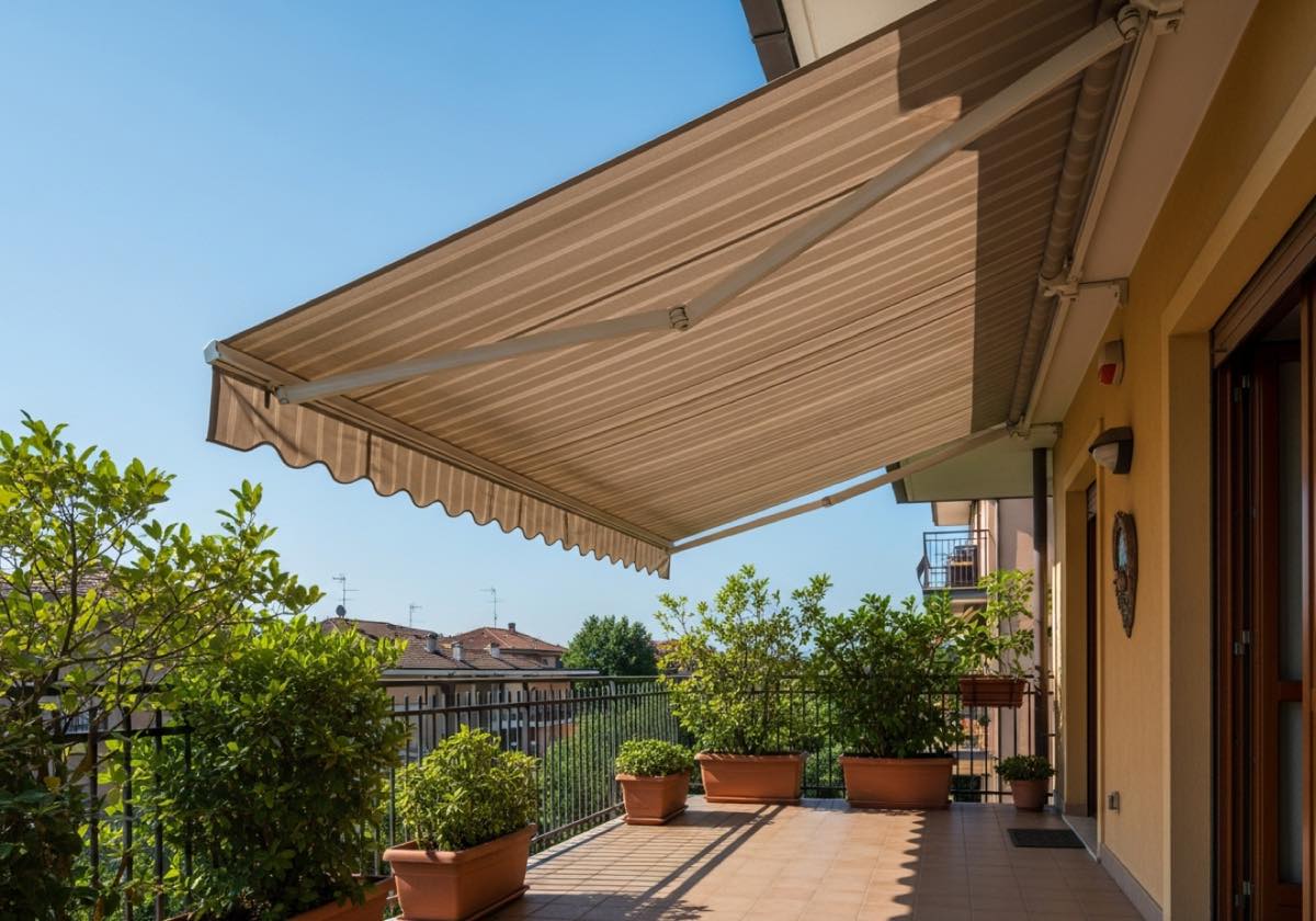 Tenda da sole a bracci estesa su un terrazzo